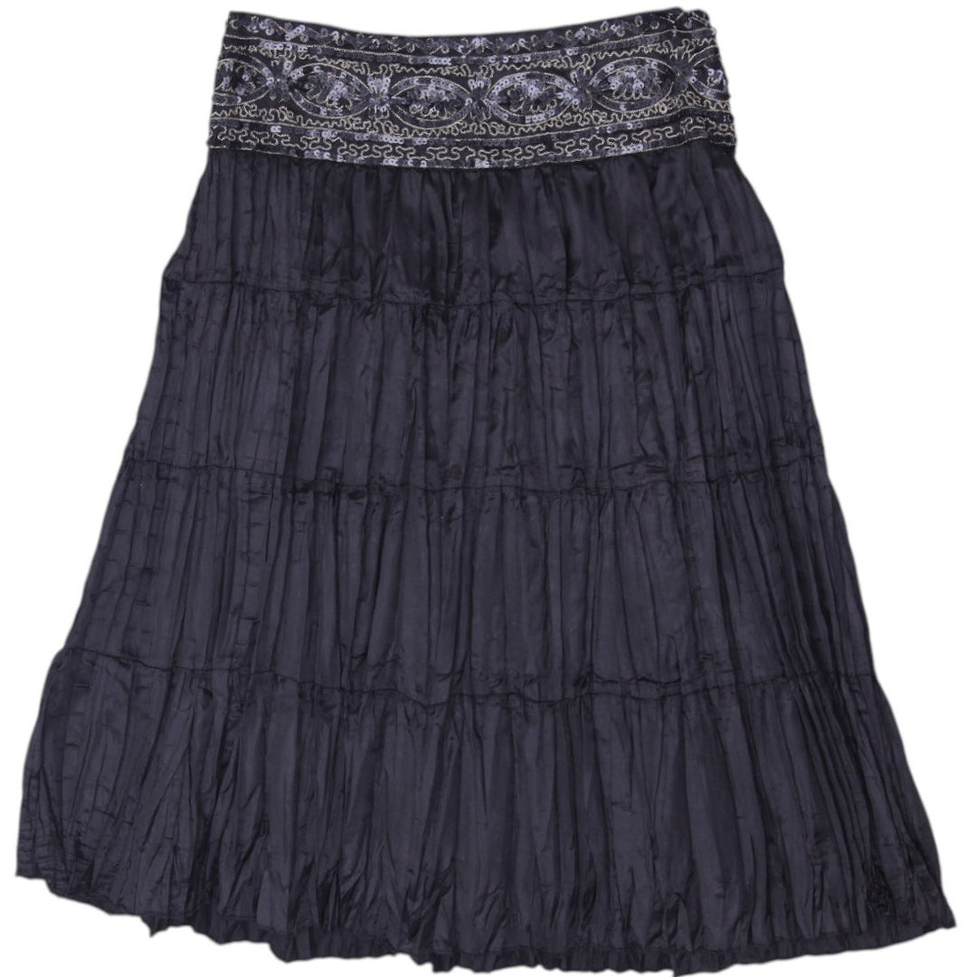 Y2K Ladies Nevada Sequin Waistband Crinkle Tiered Midi Skirt Size S