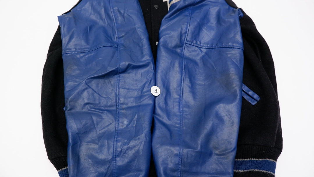 Vintage Mens Neff Varsity Jacket Black Blue Leather Sleeve R Embroidery | Migration_Jackets - View 7 | Fashion Rerun