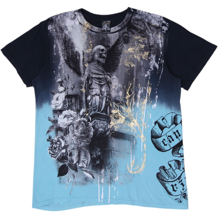 Y2K Mens Graphic T-Shirt All Over Print Angel Skull Roses Foil Cyan Black Size L