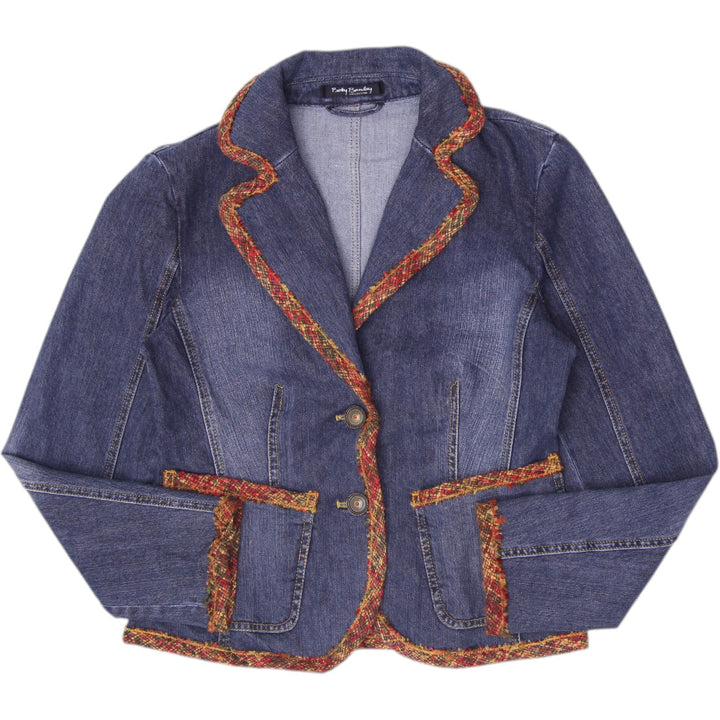 Vintage 90s Ladies Betty Barclay Paisley Boho Tapestry Trim Denim Blazer Jacket