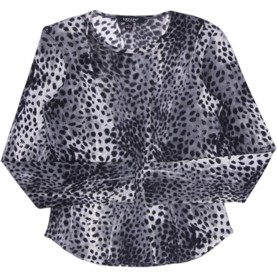 Y2K Ladies Karen Kane Lifestyle Gray Snow Leopard Sheer Mesh Top Size L