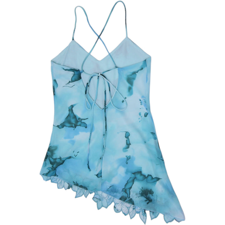 Y2K Ladies Viva You Aqua Blue Floral Mesh Asymmetric Hem Strappy Cami Top Small
