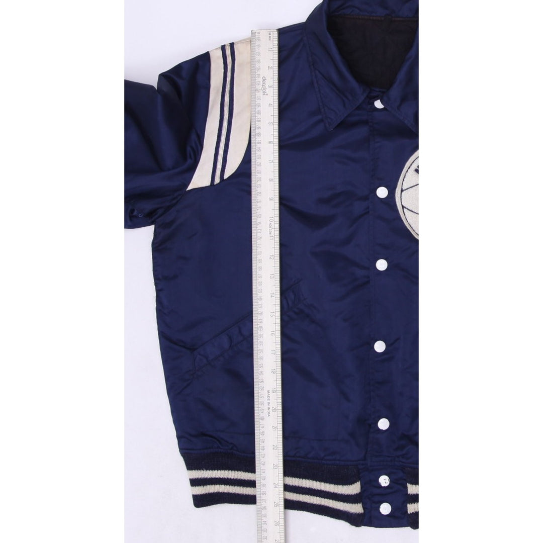 Vintage Medford High Mustangs Varsity Jacket Navy Embroidered Striped 1982-83 Size 42 | Migration_Jackets - V | Fashion Rerun