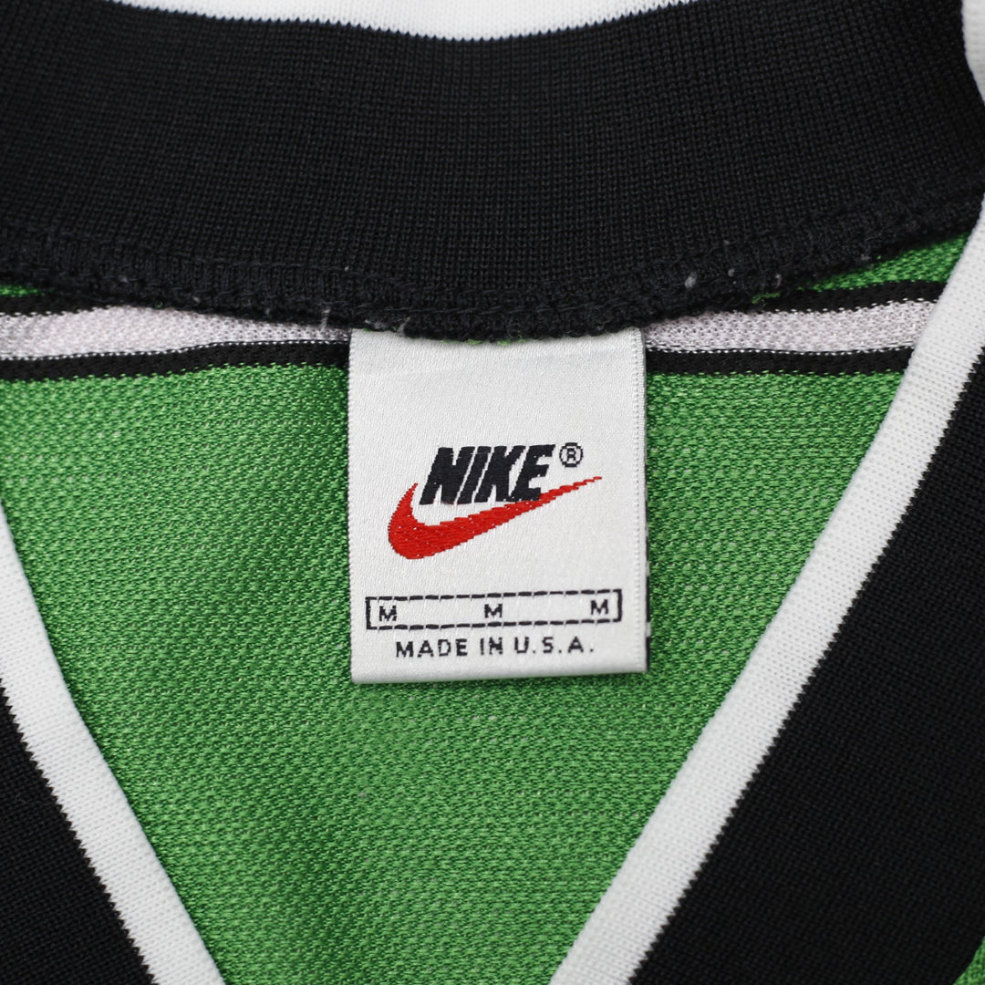 Vintage 90s Nike Green Striped V-Neck Jersey Shirt Size M | Migration_Jerseys - Back View | Fashion Rerun