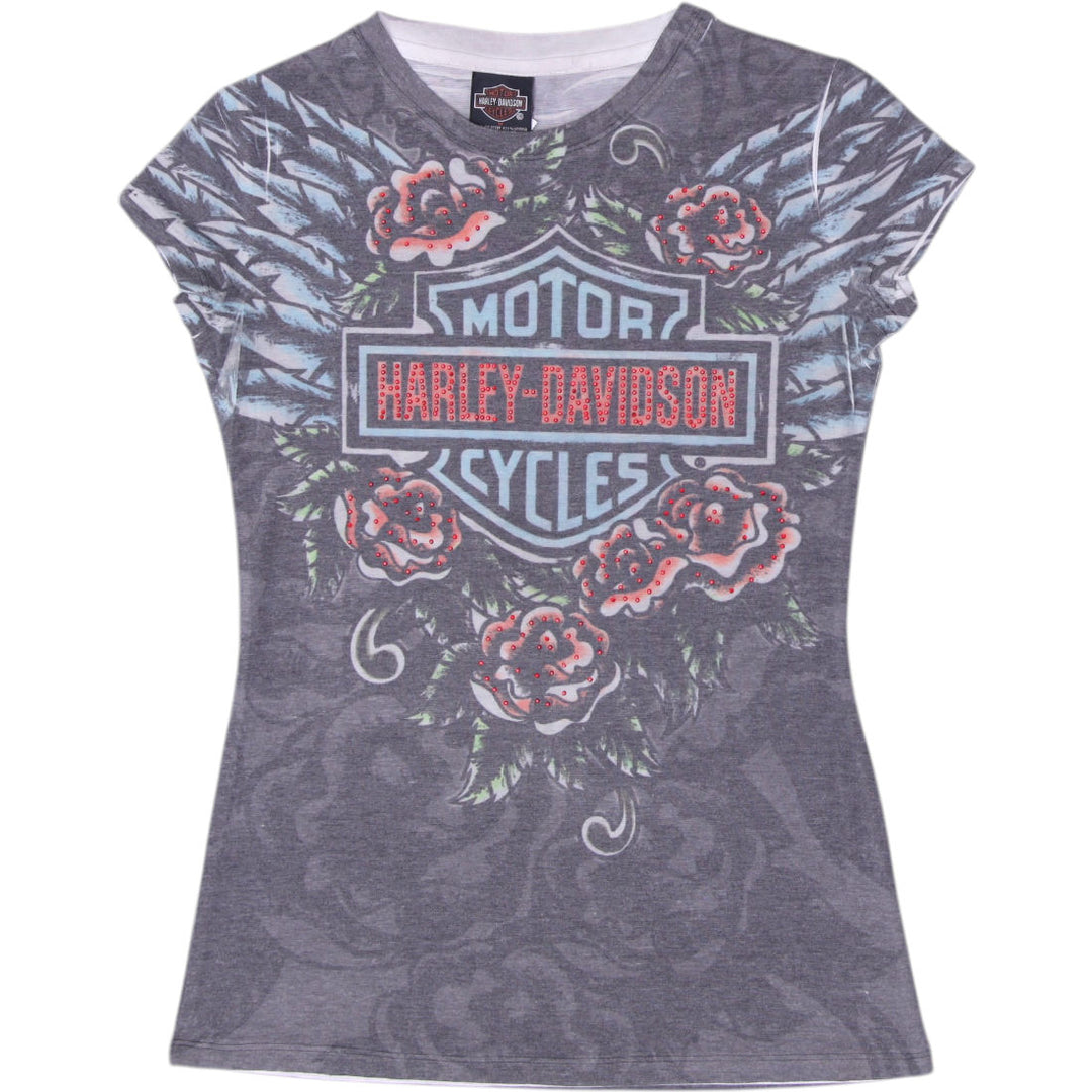 Y2K Ladies Harley Davidson Rose Wings Mesh Overlay Top Size M