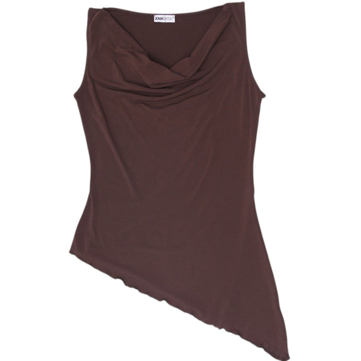 Y2K Ladies XNK BASIC Brown Cowl Neck Asymmetric Hem Cowl Neck Sleeveless Top