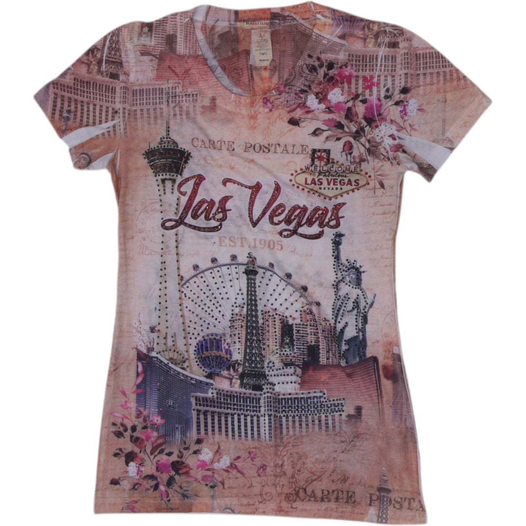Y2K Ladies Banana Expression Las Vegas Postcard Print Mesh Overlay Top Size M
