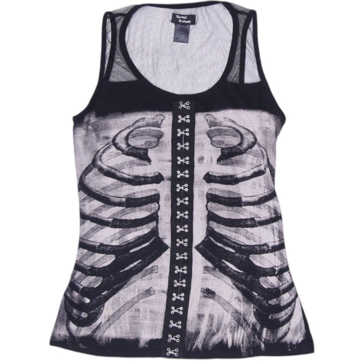 Y2K Ladies Teenage Runaway Rib Cage Skeleton Mesh Corset Hook Eye Tank Top Size S