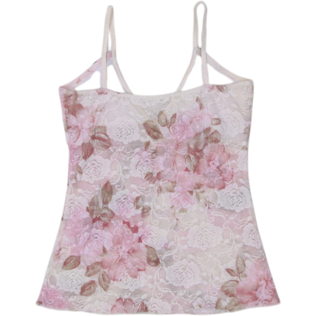 Y2K Ladies Floral Camisole Pink Lace Trim Stretchable Strappy Top
