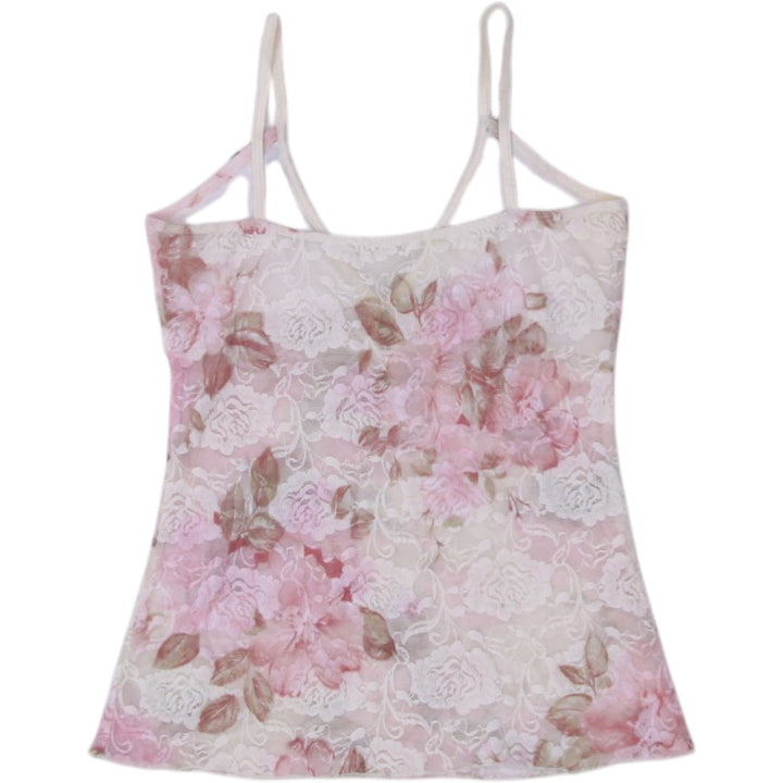 Y2K Ladies Floral Camisole Pink Lace Trim Stretchable Strappy Top