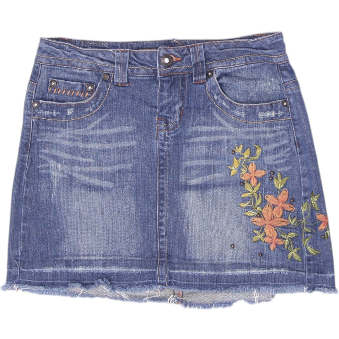 Y2K Ladies Candie's Embroidered Floral Denim Mini Skirt Size 3