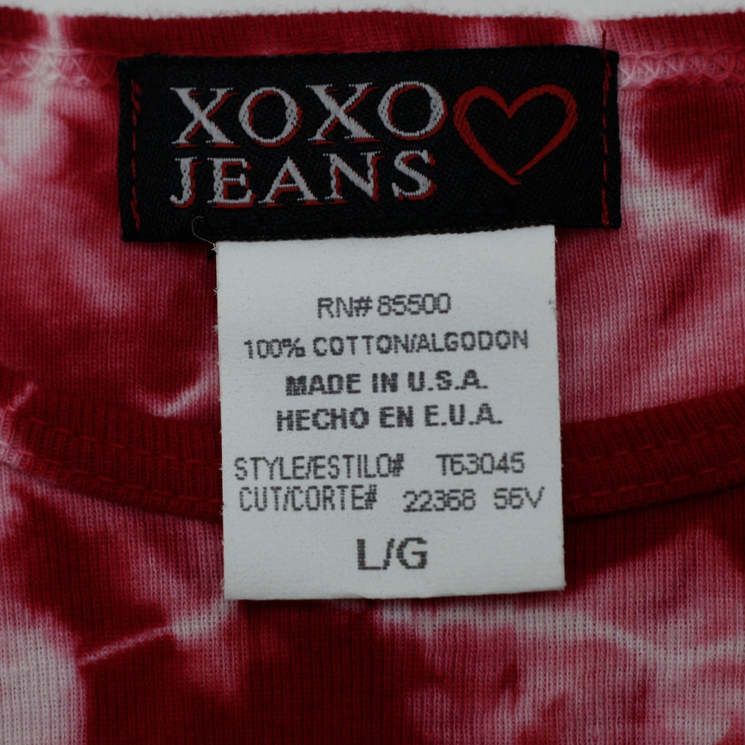 Y2K Ladies XOXO Jeans Red White Tie Dye Heart Rhinestone Baby Tee Made in USA L