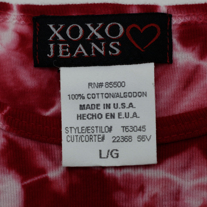 Y2K Ladies XOXO Jeans Red White Tie Dye Heart Rhinestone Baby Tee Made in USA L
