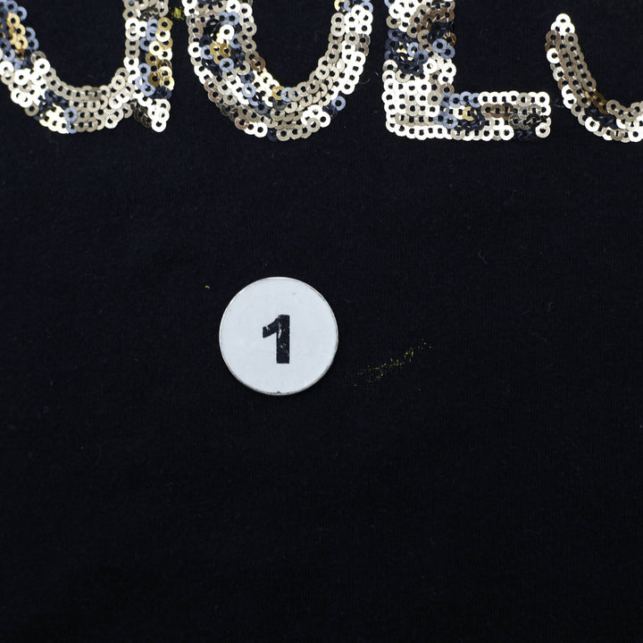 Y2K Ladies Guess T-Shirt Black Sequin Logo Short Sleeve Size S