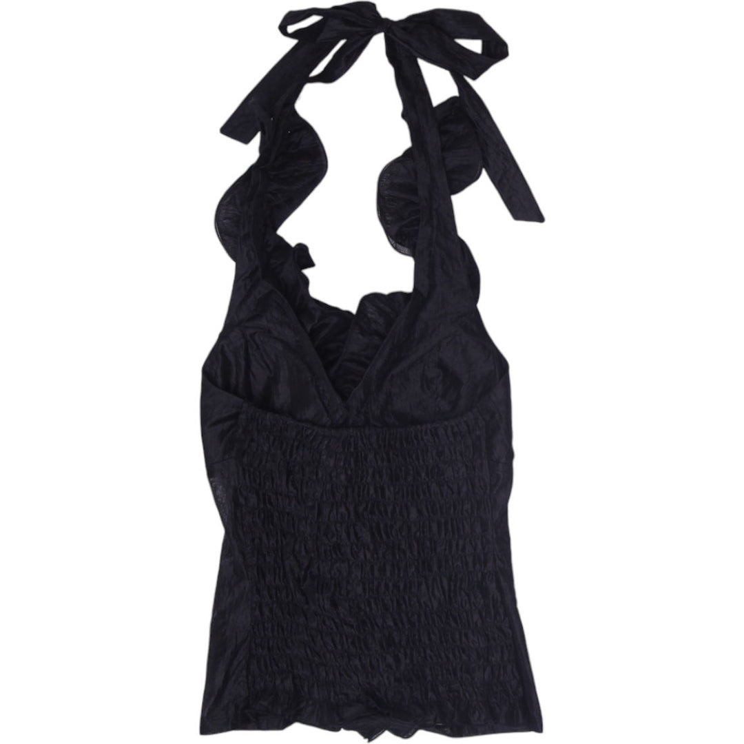 Y2K Ladies Black Halter Top Ruffle Plunge Neck Size M