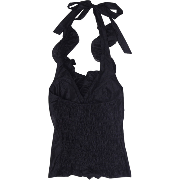 Y2K Ladies Black Halter Top Ruffle Plunge Neck Size M