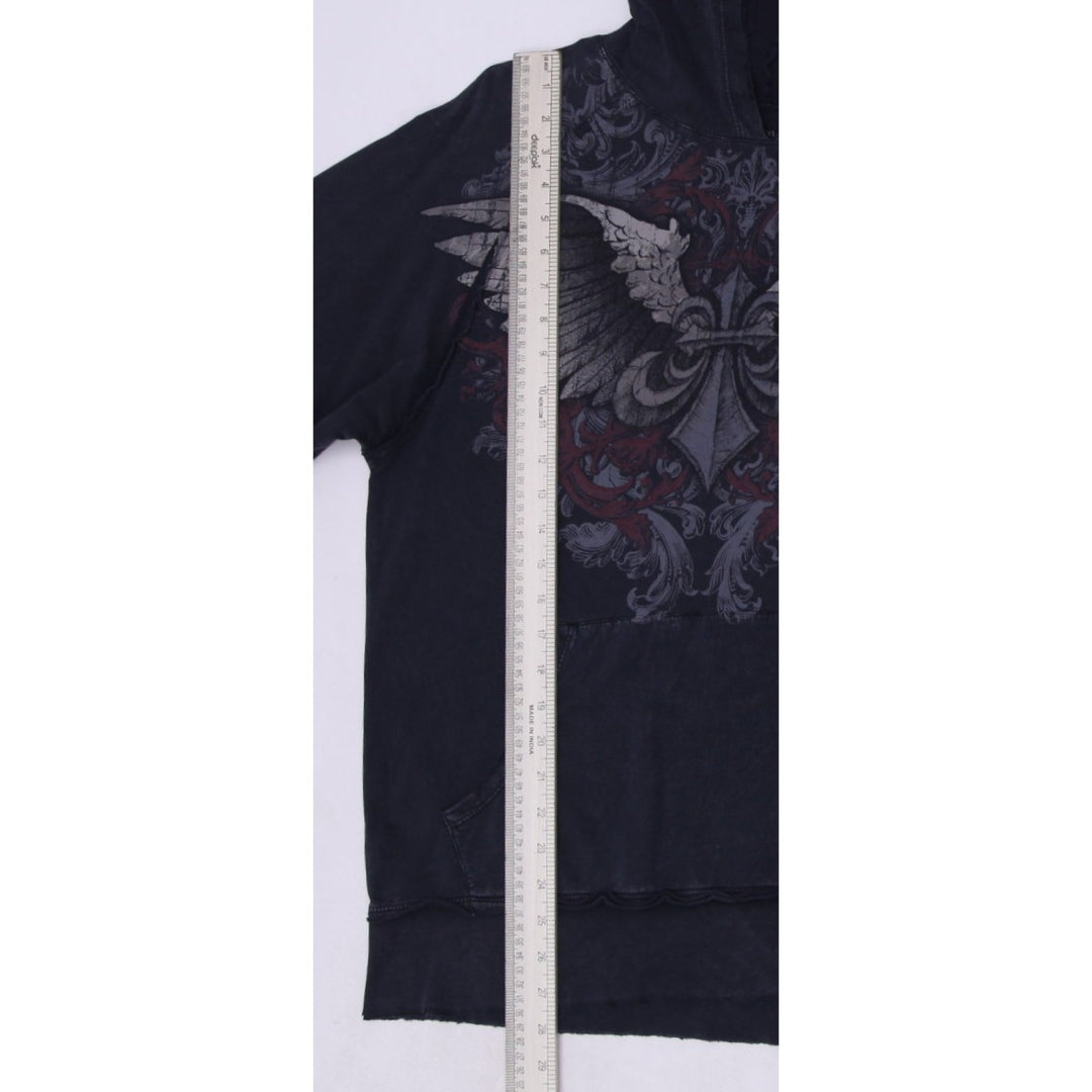 Y2K Mens Affliction Hoodie Black Graphic Large Wings Art Slightly Distressed