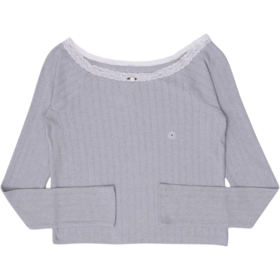 Y2K Ladies Aéropostale Grey Pointelle Ribbed Lace Trim Long-Sleeve Top Size M