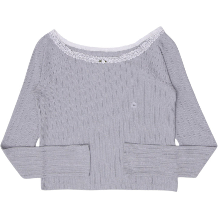 Y2K Ladies Aéropostale Grey Pointelle Ribbed Lace Trim Long-Sleeve Top Size M