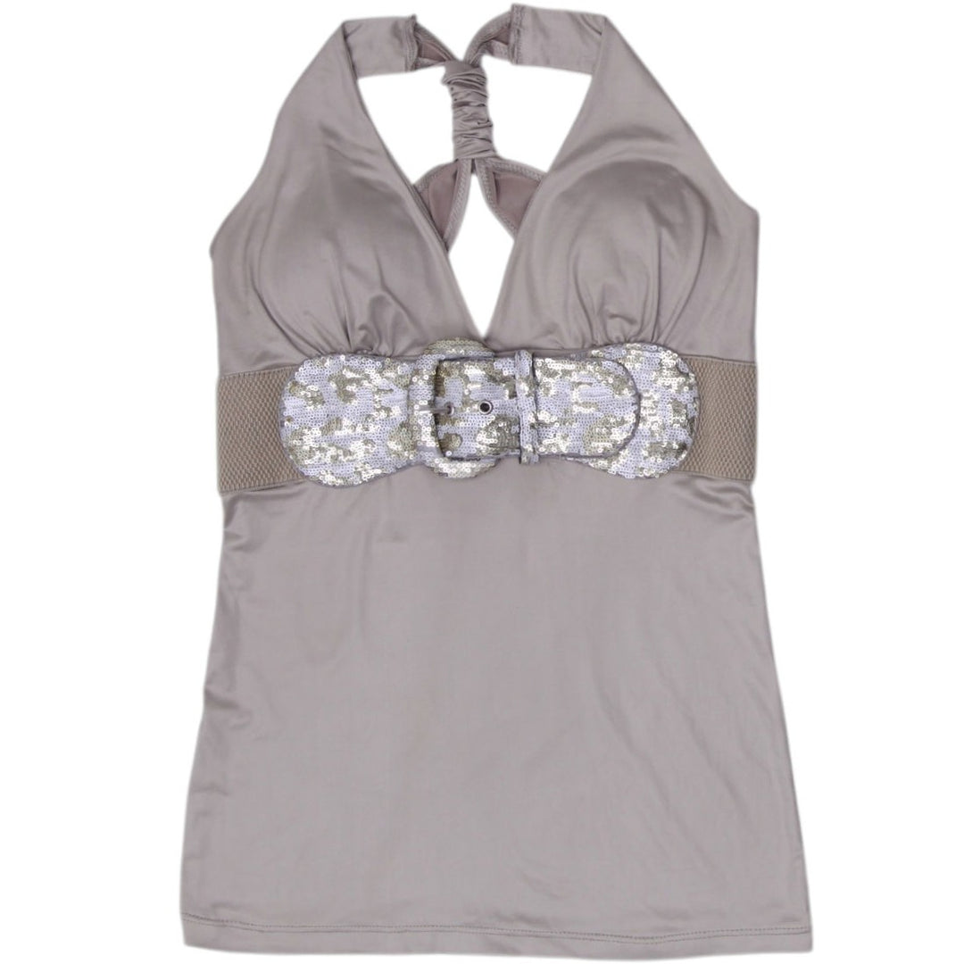 Y2K Ladies Wet Seal Halter Top Taupe Rhinestone Buckle Open Back Made in USA XL