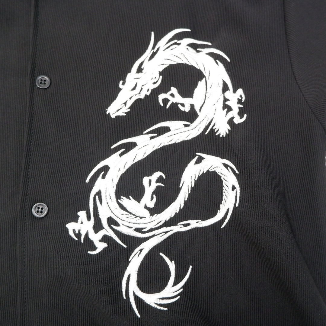 Mens R2 PLAYER Embroidered Dragon Black Short Sleeve Button Down Shirt