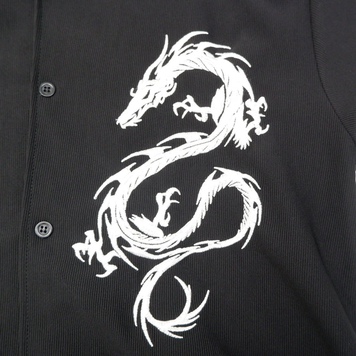 Mens R2 PLAYER Embroidered Dragon Black Short Sleeve Button Down Shirt
