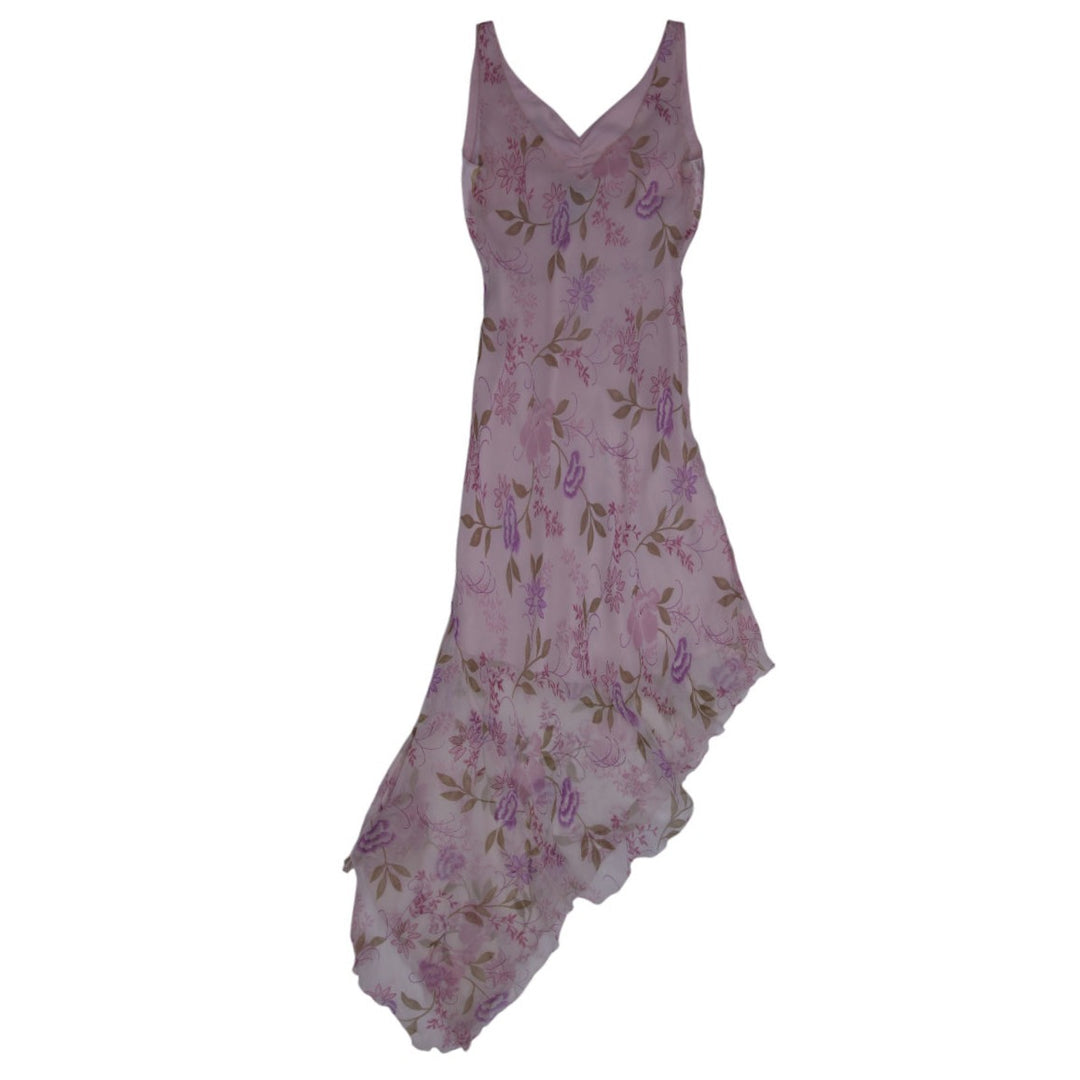 Y2K Pink Floral Asymmetric Slip Dress - Size S | Migration_Dresses - Side View | Fashion Rerun