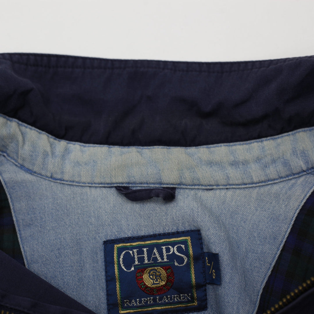 Vintage 90s Chaps Ralph Lauren Harrington Jacket L Navy Plaid Lined Denim Trim
