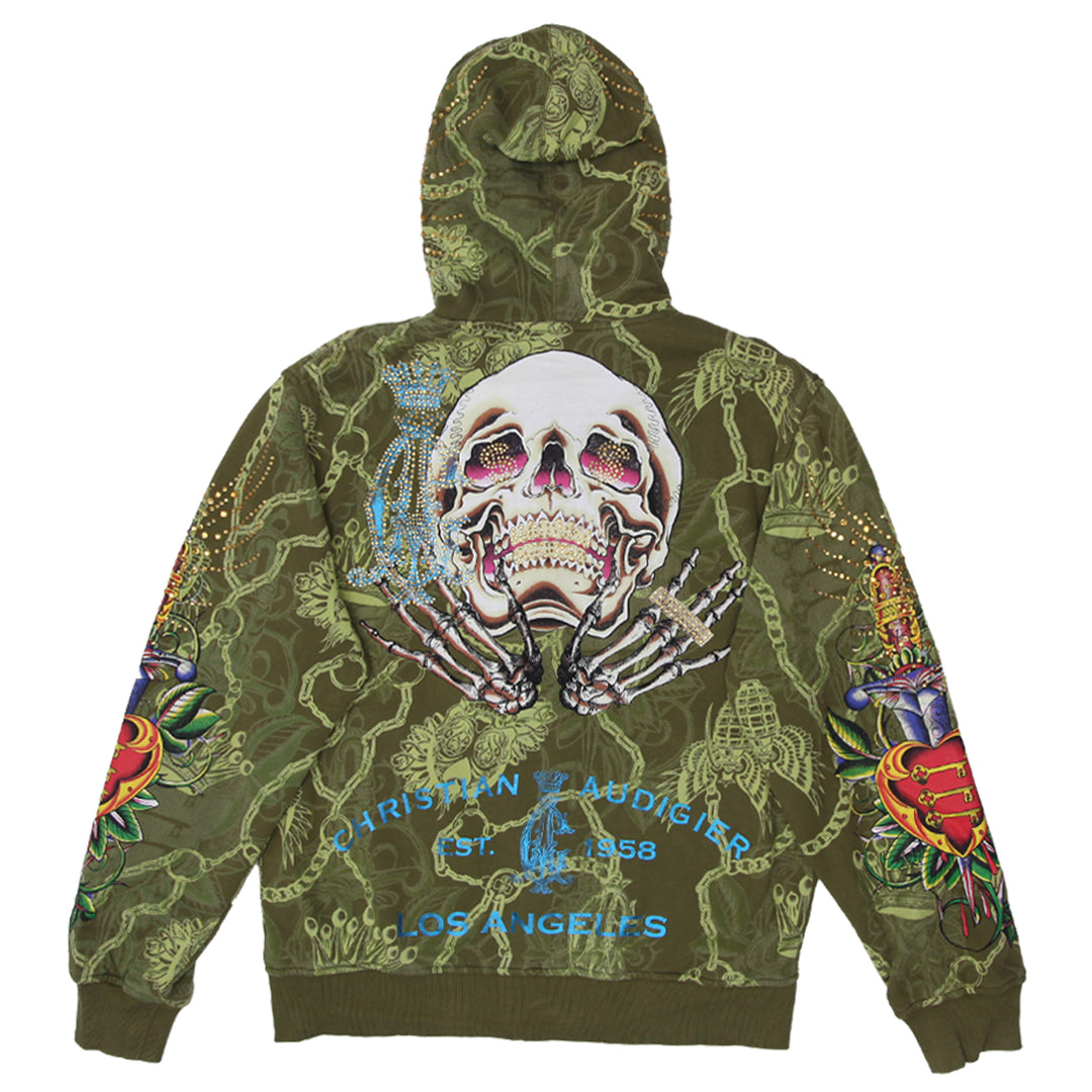 Mens Y2K Christian Audigier Hip Hop University Stoned Skull Print Full Zip Hoodie - Fashion Rerun Vintage Migration_Sweaters
