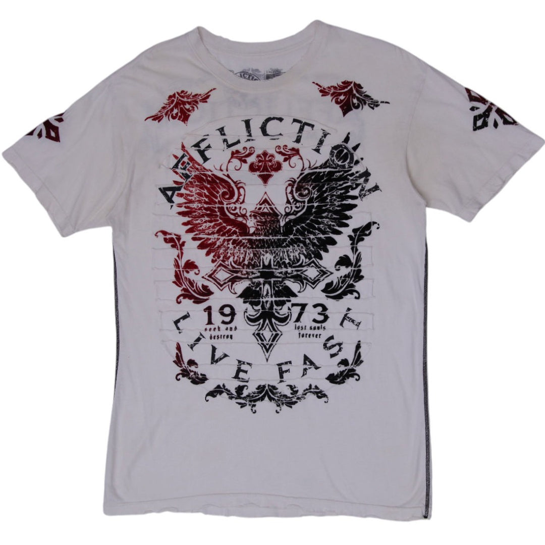 Y2K Mens Affliction Live Fast Winged Crest T Shirt White Made in USA Size XL
