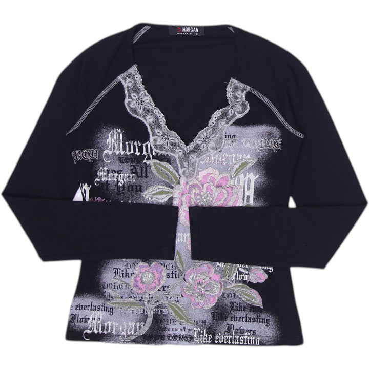 Y2K Ladies Morgan Graphic Black Long Sleeve Top Artistic