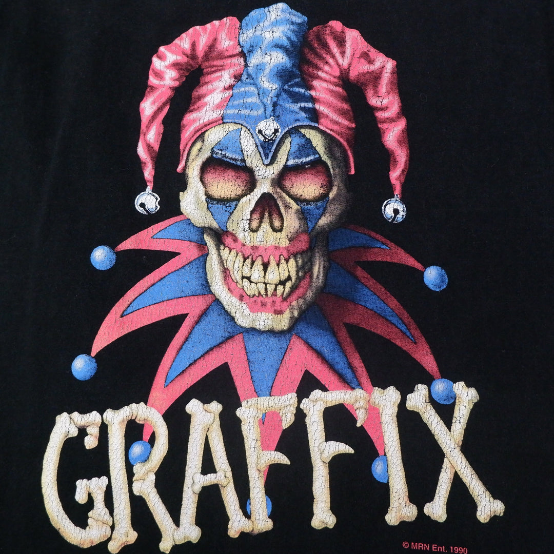 Vintage 1990 Graffix Jester Skelton Clown Black T-Shirt