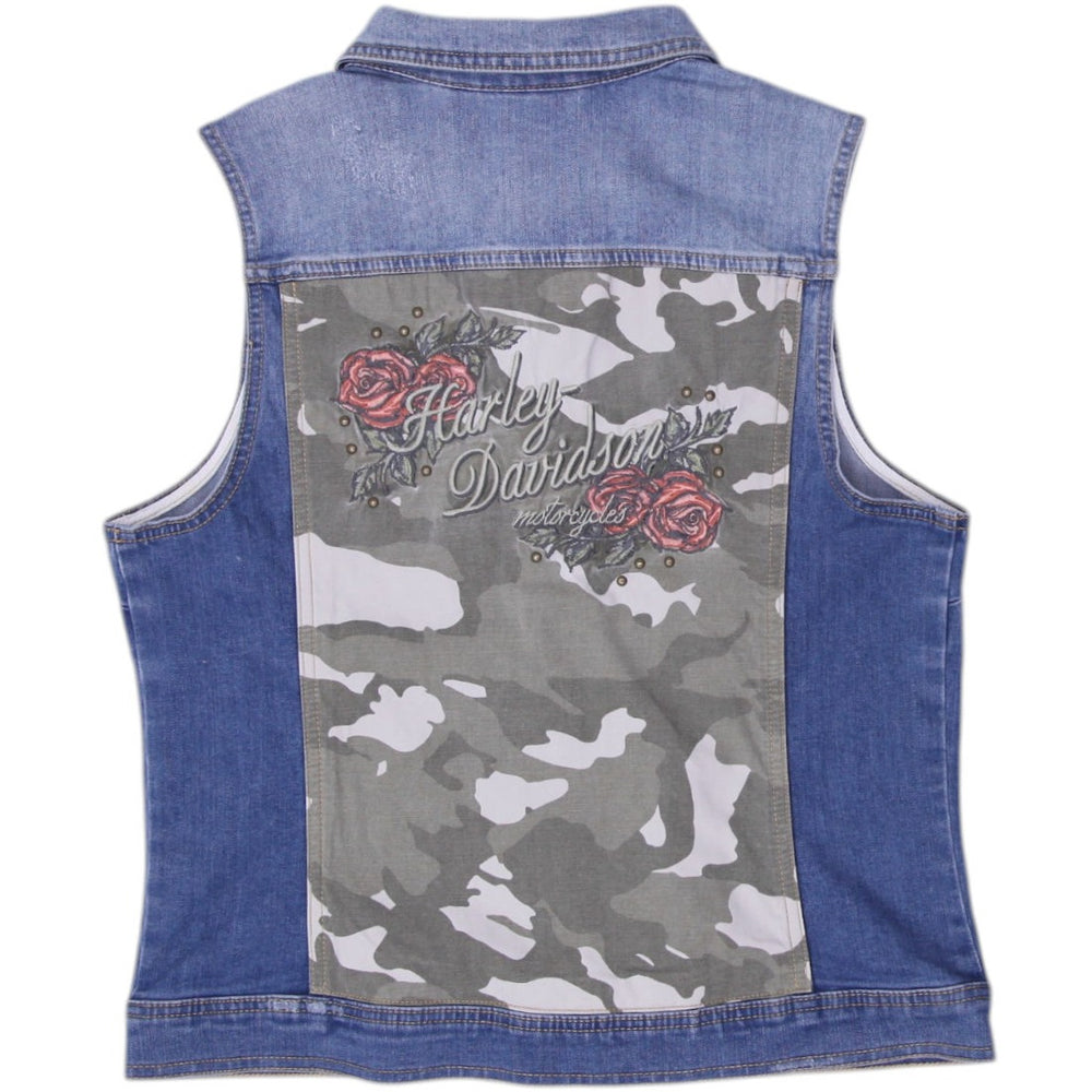 Ladies Harley Davidson Camo Embroidered Graphic Blue Denim Vest Size S | Migration_Vests - Side View | Fashion Rerun