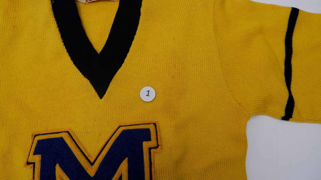 Vintage Mens Holzapfel Bros Sweater Yellow Black Knit Letterman | Migration_Jumper & Knitwear - Detail View | Fashion Rerun