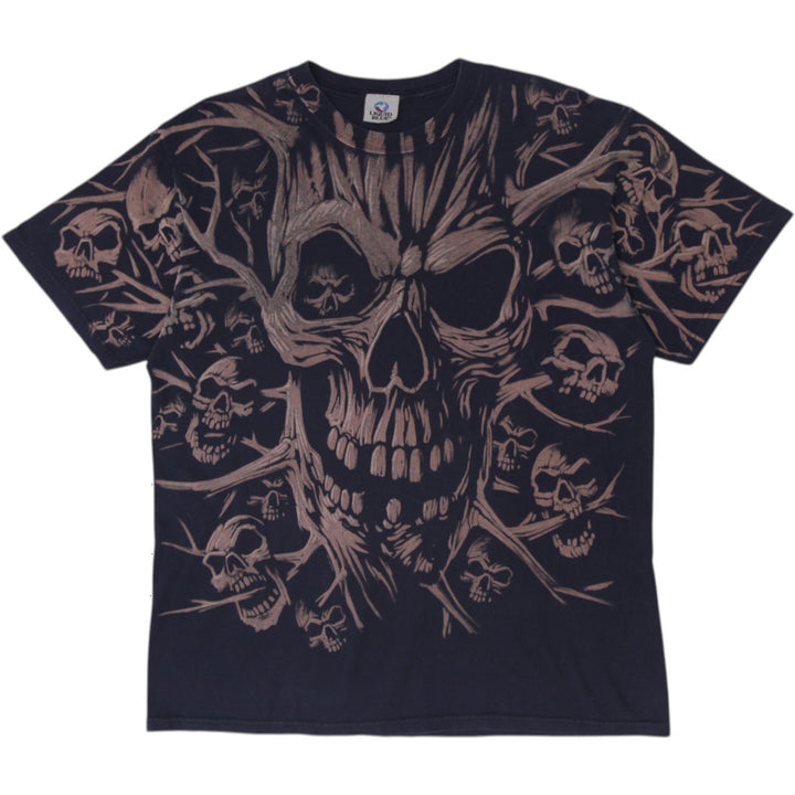 Vintage 1990s Liquid Blue Skull Pile All Over Print T-Shirt