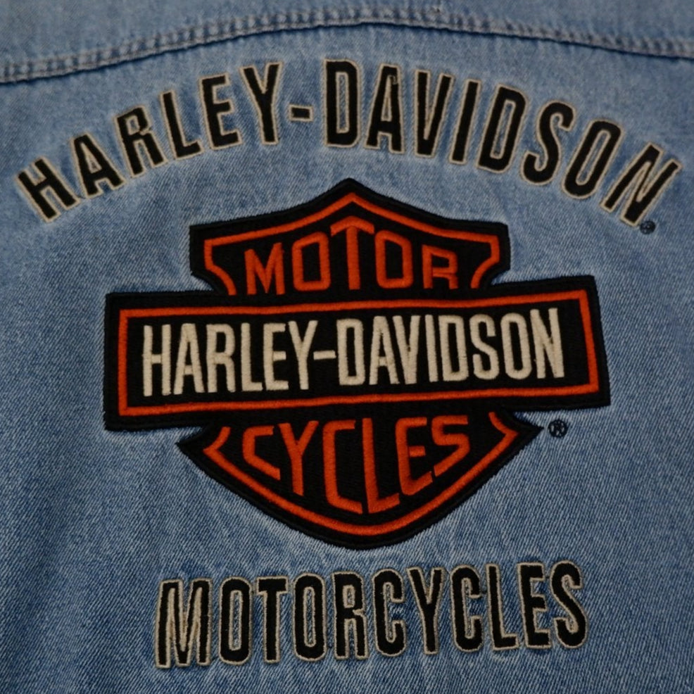 Mens Harley Davidson Denim Jacket Blue Embroidered Logo Biker