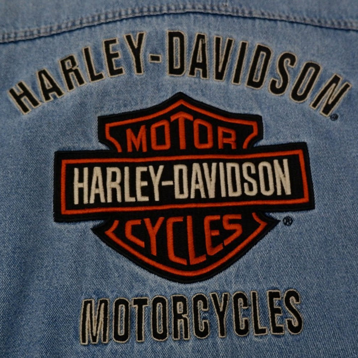 Mens Harley Davidson Denim Jacket Blue Embroidered Logo Biker