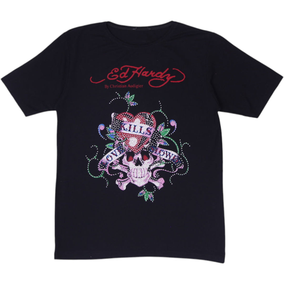 Y2K Mens Ed Hardy Rhinestone Graphic T-Shirt