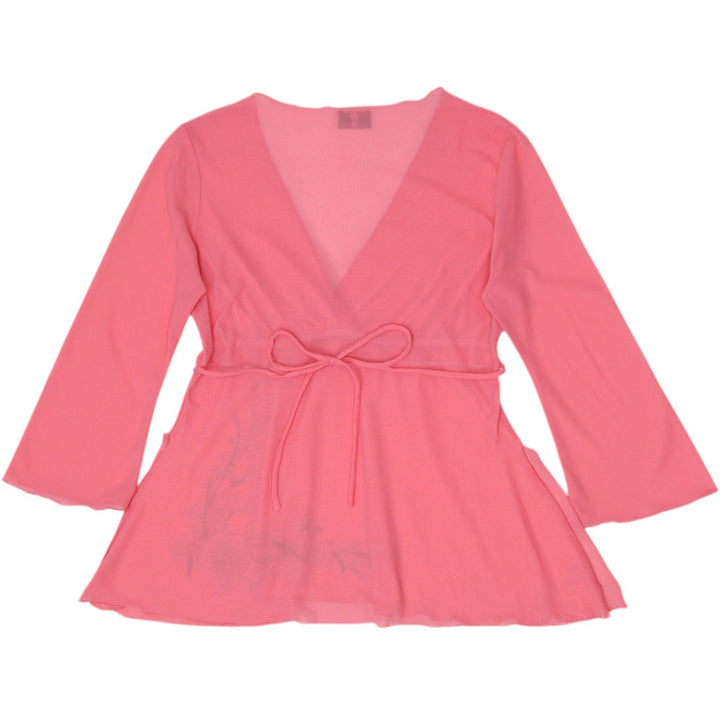 Y2K Ladies "I Love You" Coral Pink Floral Embroidered Sheer Mesh Peplum Top