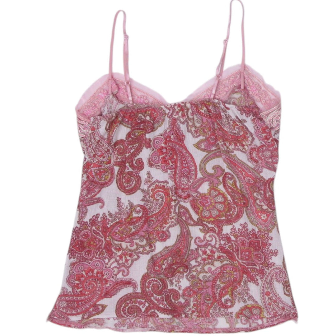 Y2K Ladies Pink Paisley Tank Top with Lace Spaghetti Straps Made in USA Size S