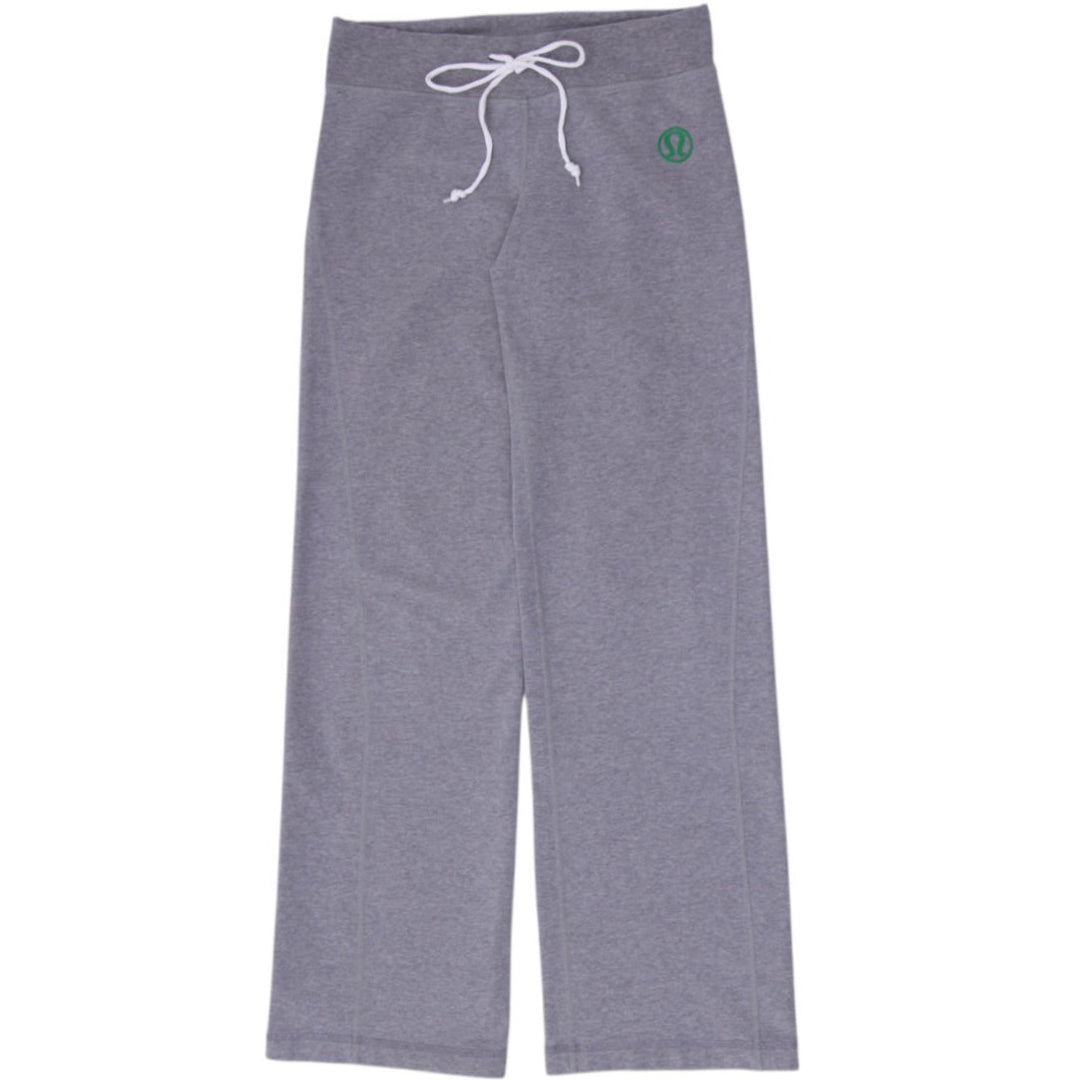 Ladies Lululemon Heather Grey Drawstring Pants Green Logo Straight Leg Sweatpants