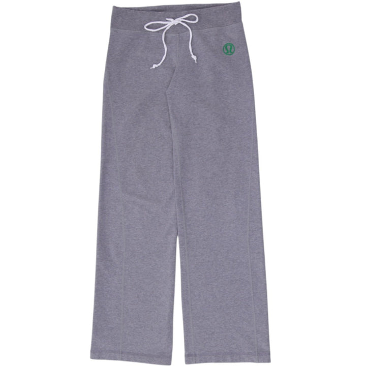 Ladies Lululemon Heather Grey Drawstring Pants Green Logo Straight Leg Sweatpants