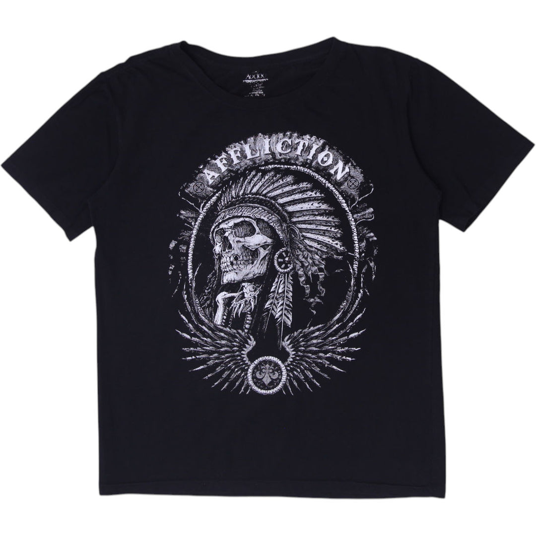 Y2K Mens Affliction Indian Chief Skull Headdress Graphic T-Shirt Size 4