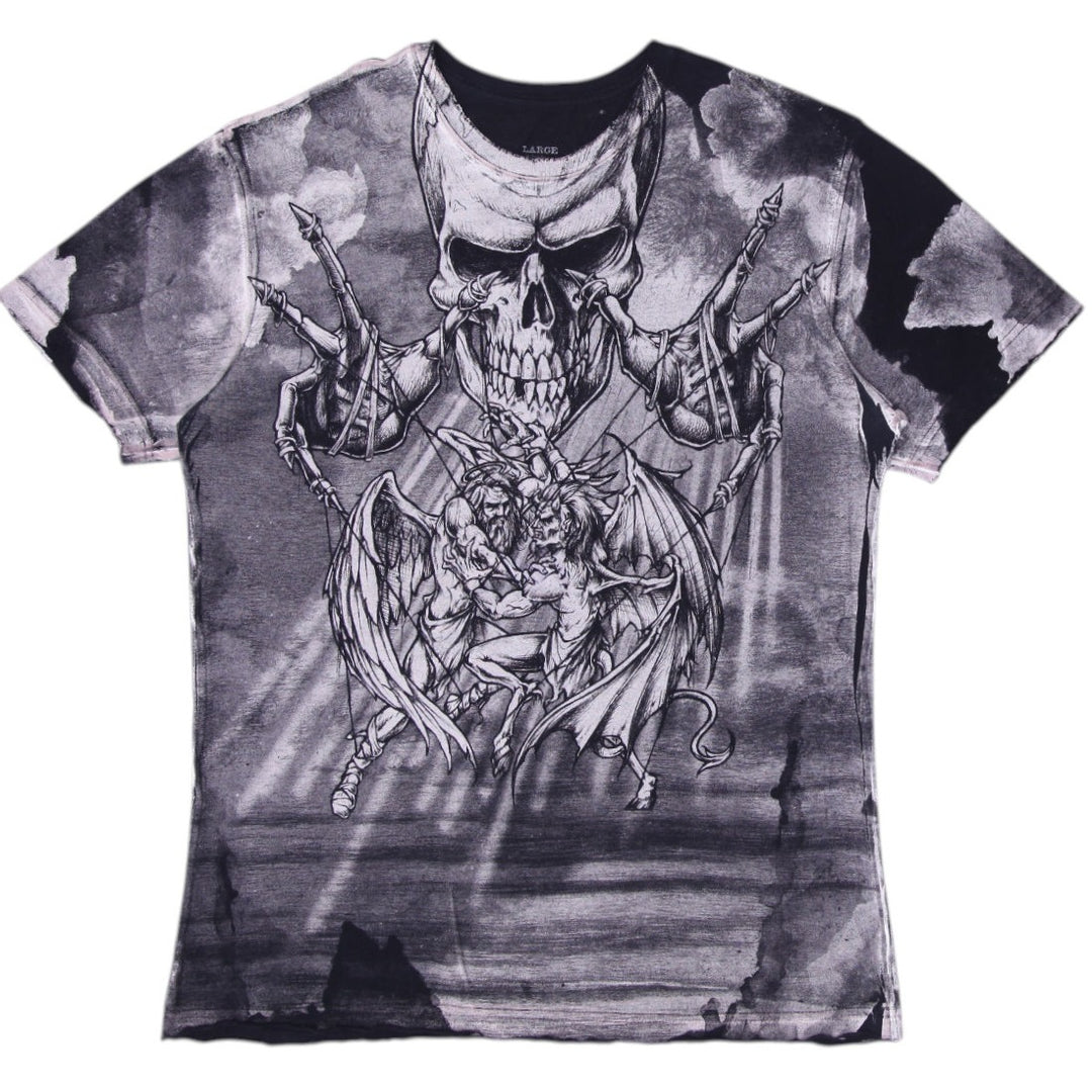 Y2K Mens Affliction Grunge Skull Puppets God Devil Armageddon T-Shirt Size L