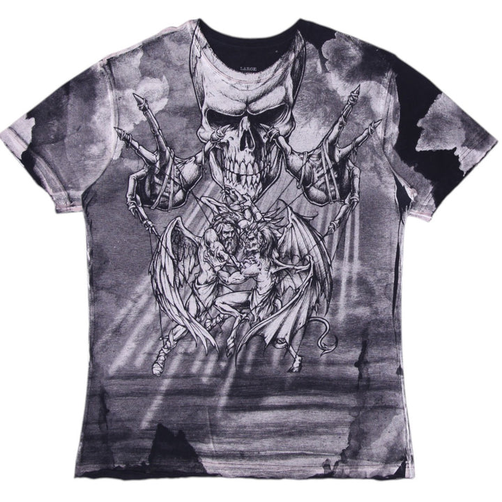 Y2K Mens Affliction Grunge Skull Puppets God Devil Armageddon T-Shirt Size L
