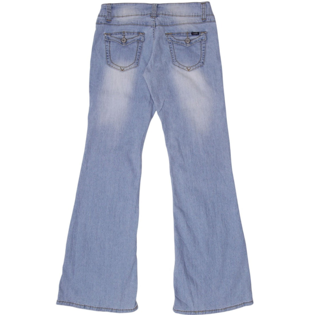 Y2K Ladies Angels Washed Blue Denim Flare Jeans Size 7 | Migration_Jeans & Pants - Side View | Fashion Rerun