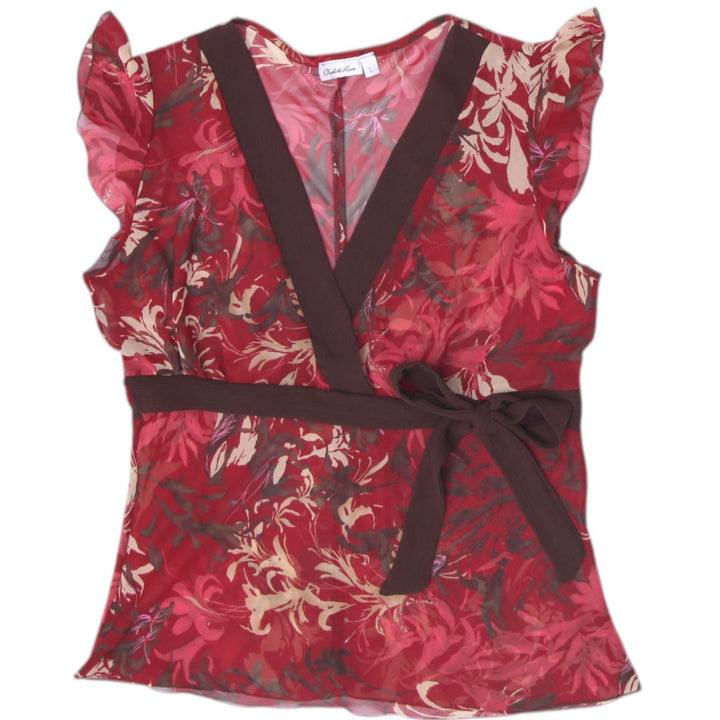 Y2K Ladies Charlotte Russe Floral Sheer Faux Wrap Top Size L