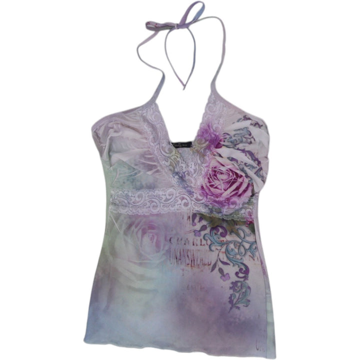 Y2K Ladies Twenty One Halter Top Multicolor Floral Print Lace