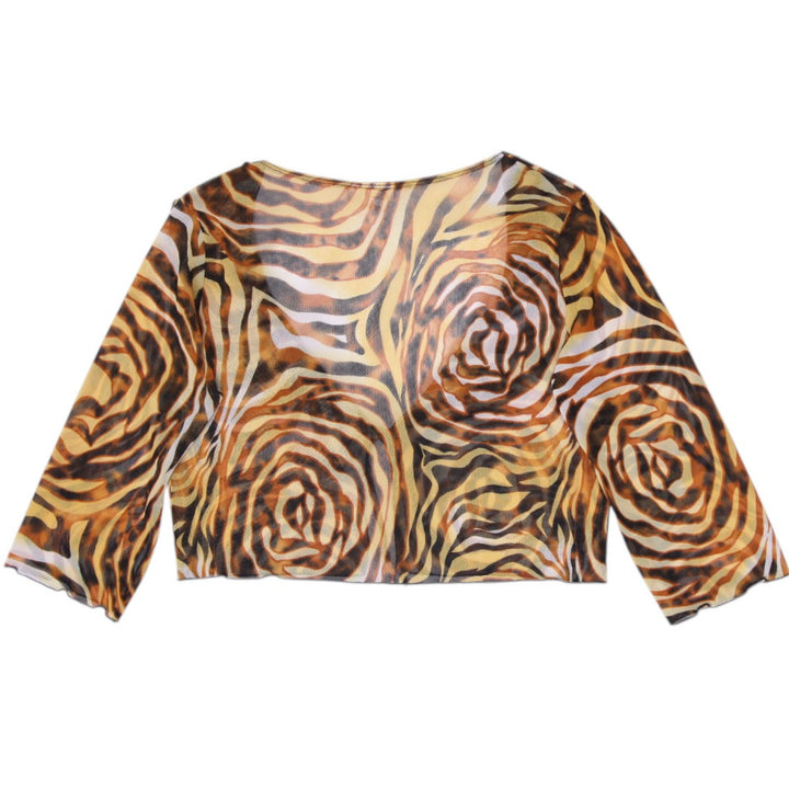 Y2K Ladies Nicola Tiger Swirl Animal Print Sheer Mesh Tie-Front Shrug Top Size M