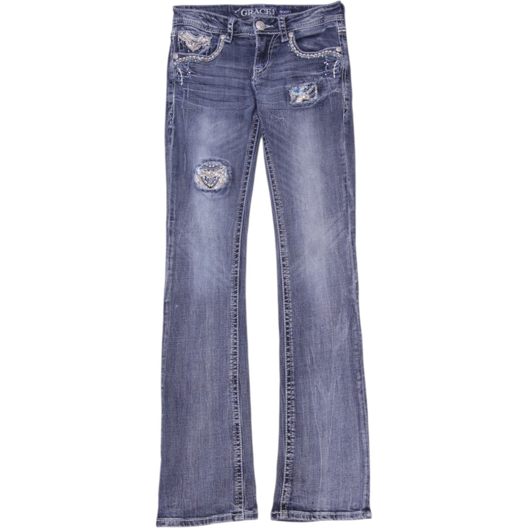 Y2K Ladies Grace in LA Embroidered Distressed Boot Cut Jeans Size 26